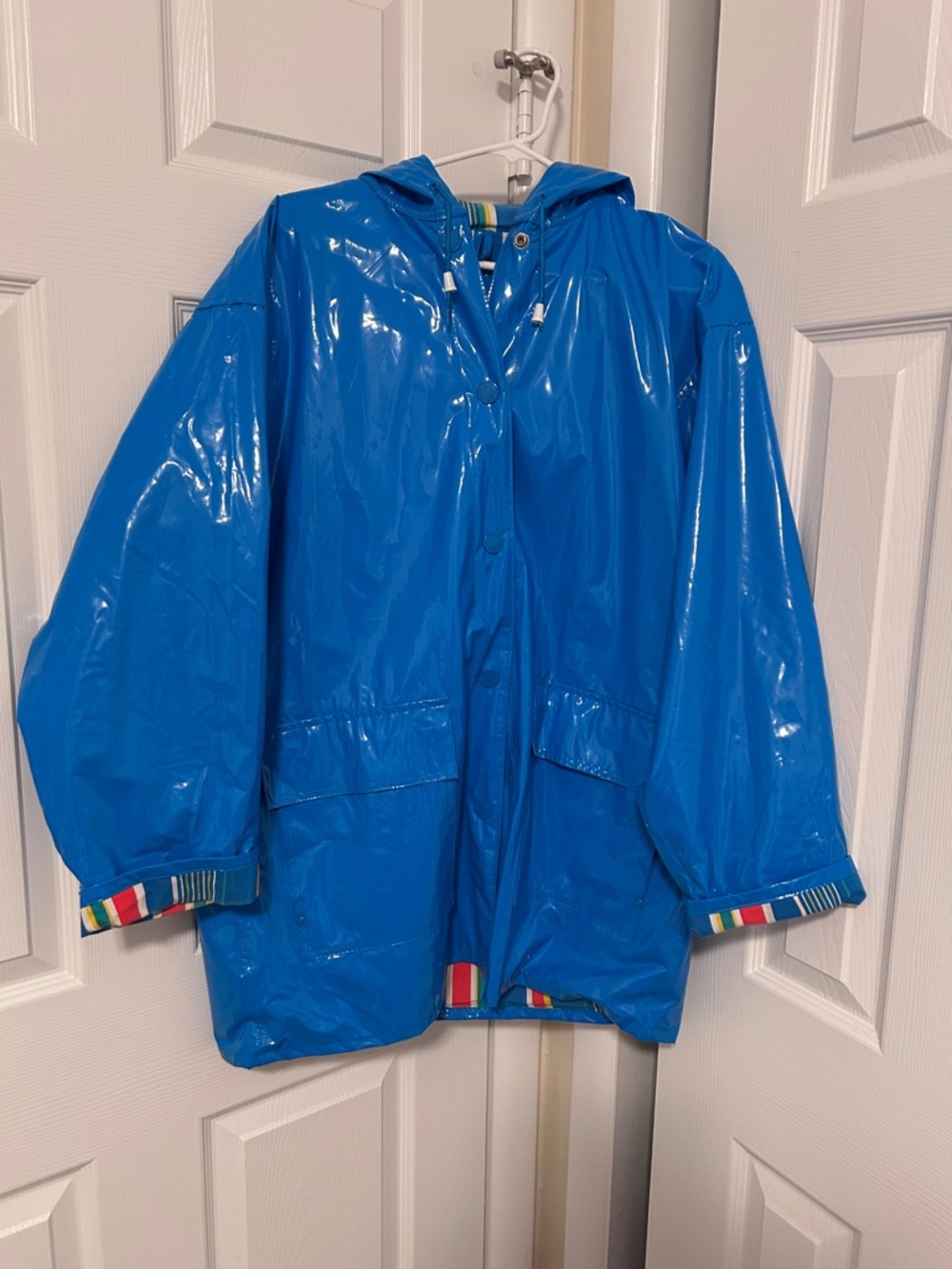 Vintage Neon Blue Vinyl Raincoat Slippery When Wet Unisex Medium with Hood